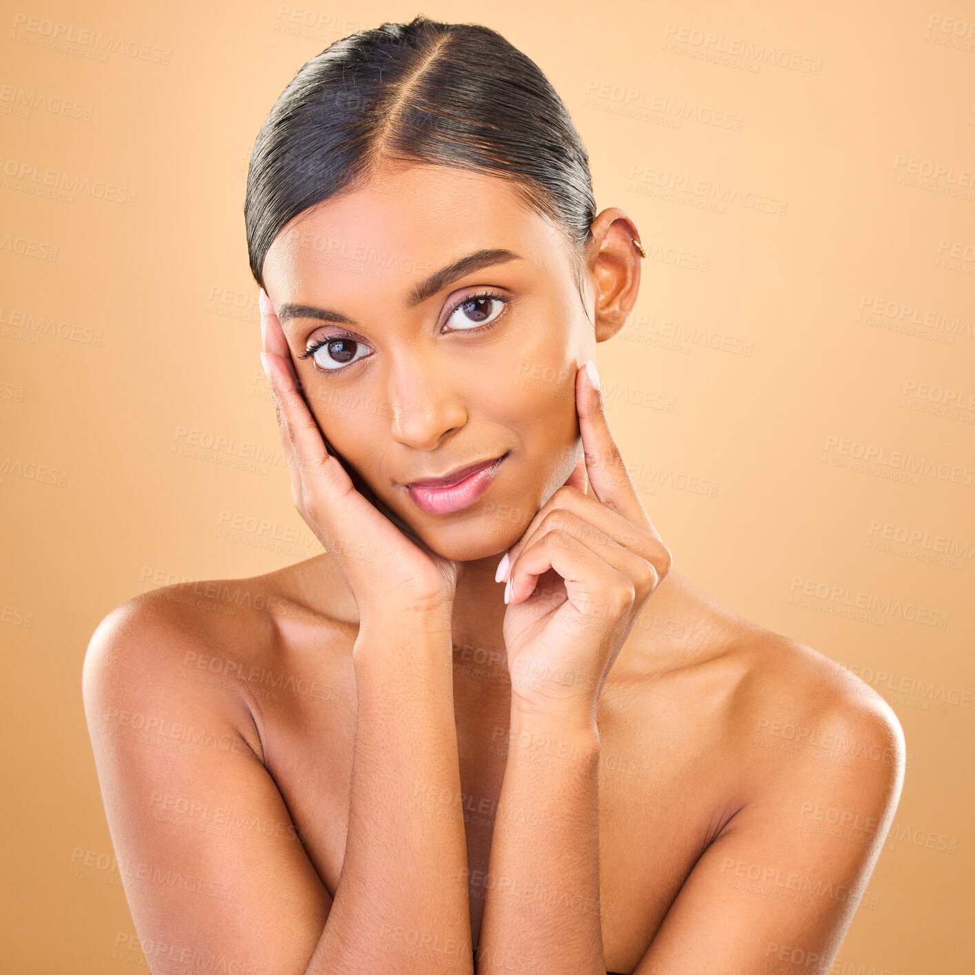 Buy stock photo Skincare, face portrait and beauty of woman in studio isolated on a brown background. Makeup, cosmetics and happy Indian female model with spa facial treatment for healthy, glow or flawless skin.