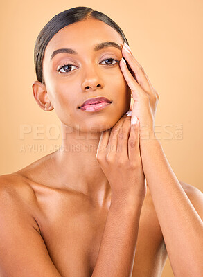 Buy stock photo Skincare, face portrait and beauty of woman in studio isolated on a brown background. Makeup, cosmetics and confident Indian female model with spa facial treatment for healthy, glow or flawless skin.