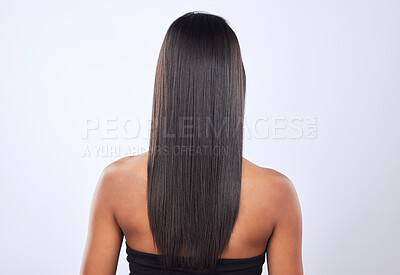 Buy stock photo Indian woman, hair care or back view in studio for keratin, healthy natural shine or wellness. Girl model, luxury beauty salon or self care cosmetics in grooming on white background for growth