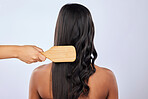 Back view, woman or hair care brush in studio for beauty self care or style treatment on white background. Hand, relaxing or Indian girl model with salon equipment in grooming routine on mockup space