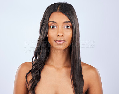 Buy stock photo Girl, hair care or beauty in studio portrait for strong, healthy natural shine or wellness on white background. Face of glowing young model, Indian woman or salon spa for curly style in grooming 