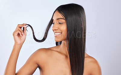 Buy stock photo Hair wellness, split ends or happy woman in studio for healthy natural shine or wellness on white background. Glowing young model, beautiful Indian girl or salon spa haircare cosmetics in grooming