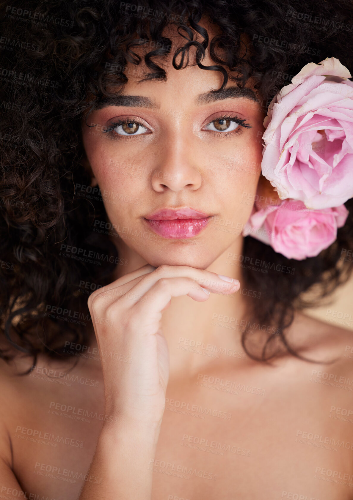 Buy stock photo Makeup, flowers and portrait of woman with beauty, cosmetics and hair care for wellness, glamour and glow. Salon aesthetic, spa and girl for natural face, skincare and facial treatment in studio