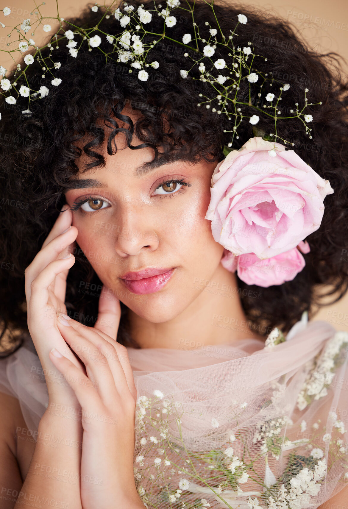 Buy stock photo Beauty, flowers and portrait of woman with makeup, cosmetics and hair care for wellness, glamour and glow. Spring aesthetic, spa and face of girl for natural, skincare and facial treatment in studio