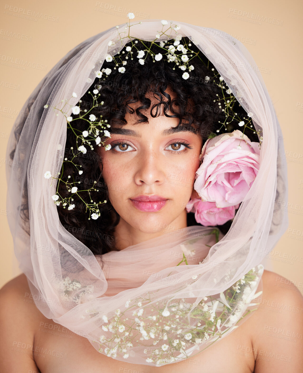 Buy stock photo Veil, flowers and portrait of woman for beauty, cosmetics and makeup for wellness, glamour and glow in studio. Spring aesthetic, style and serious face of girl for fashion, skincare and facial care