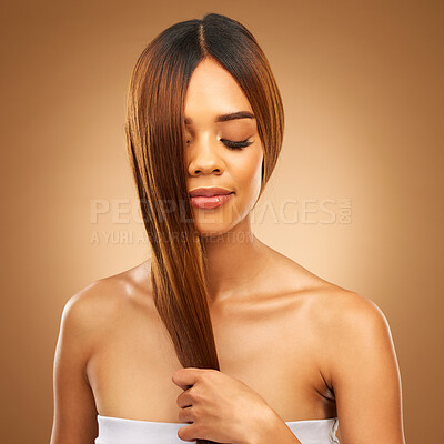 Buy stock photo Haircare, studio and woman with hair in hand, strong with bronze texture and salon shine. Wellness model, mockup and spa beauty, healthy straight hairstyle with keratin product on brown background.