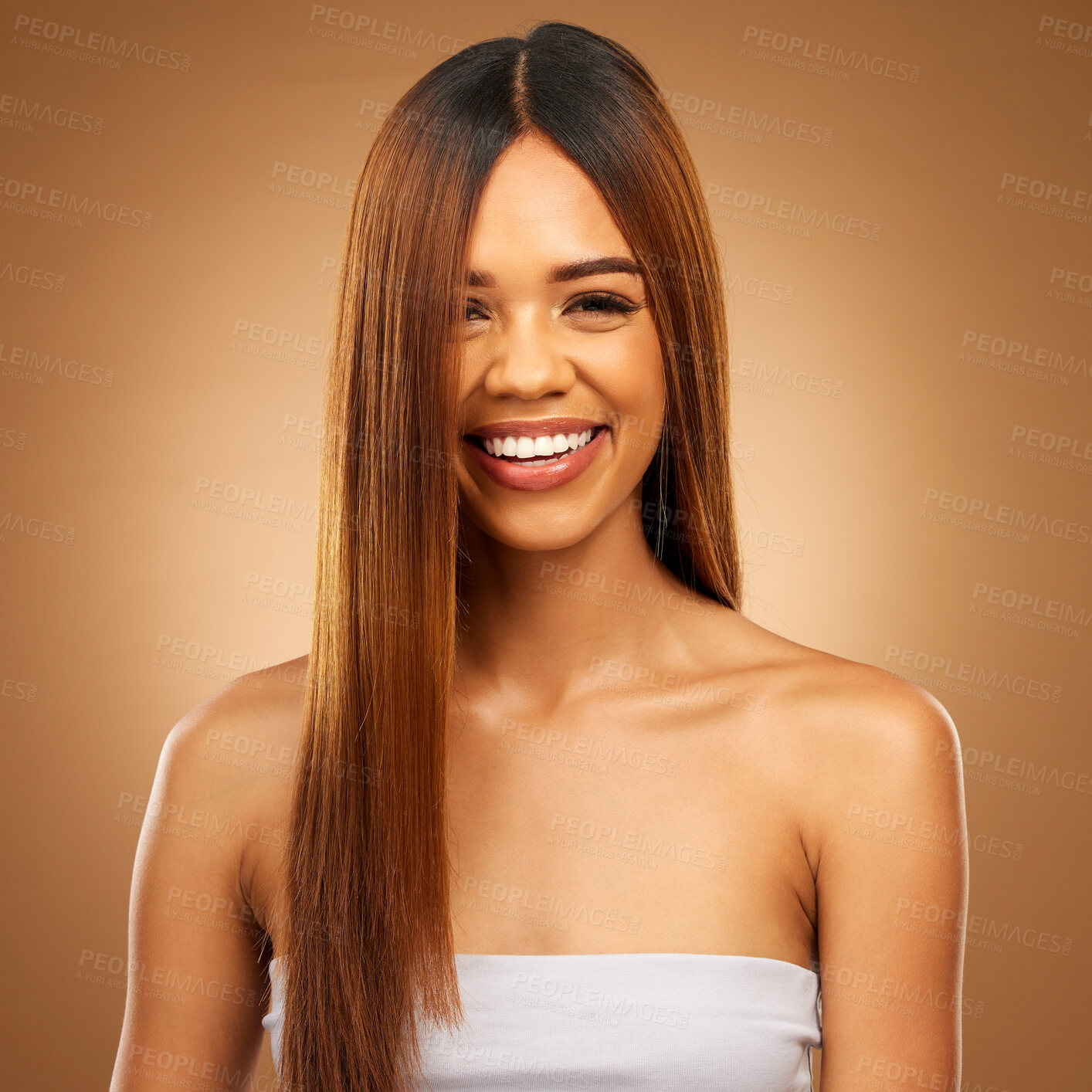 Buy stock photo Haircare, beauty and smile portrait of woman in studio for growth and shine or healthy texture. Aesthetic female happy face for hair, natural self care and hairdresser or salon on brown background
