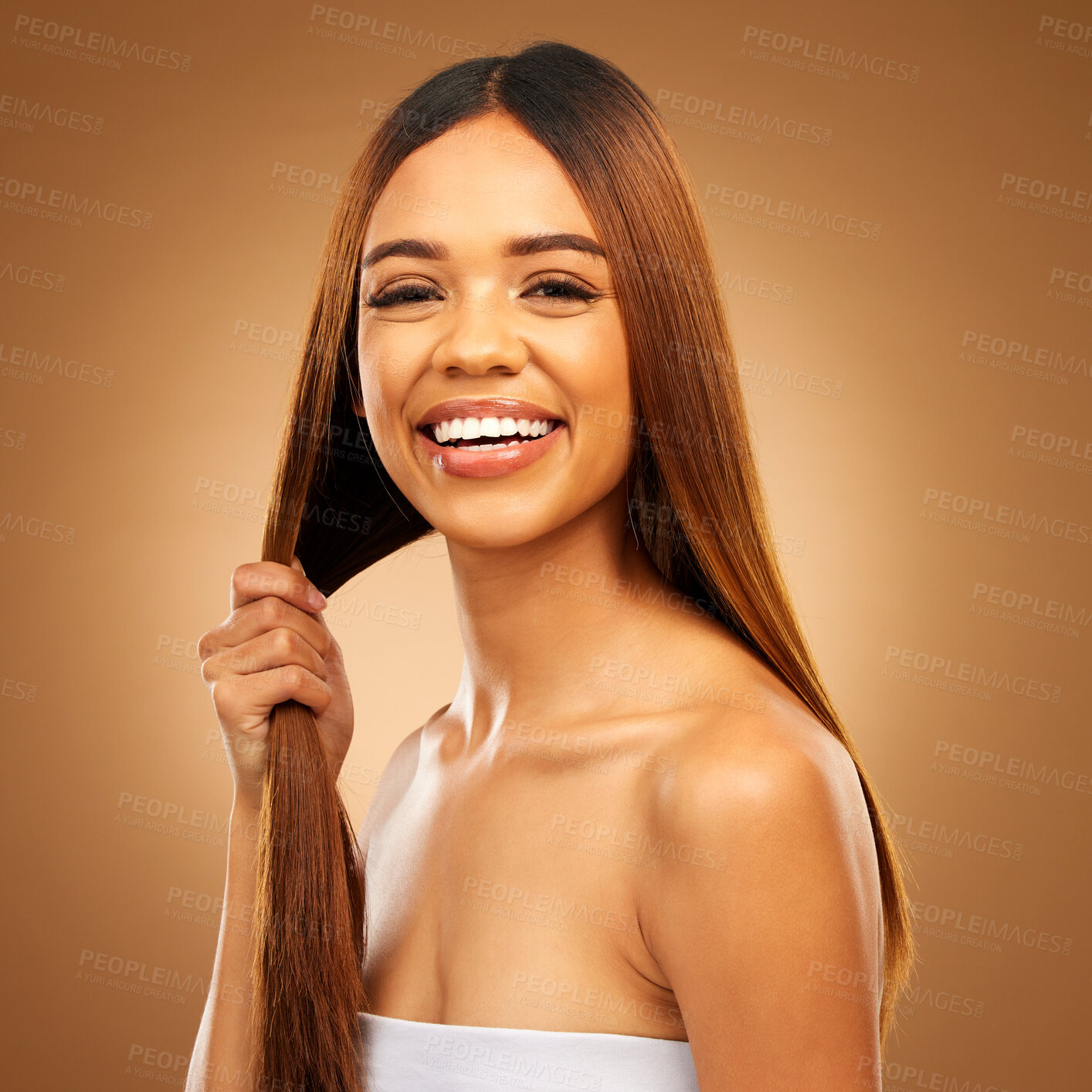 Buy stock photo Haircare, hair in hand and portrait of woman in studio with natural texture and luxury salon shine. Happy beauty model, mockup and smile, straight hairstyle with keratin product on brown background.