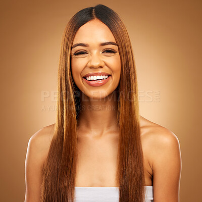 Buy stock photo Haircare, beauty and portrait of woman in studio for growth and color shine or healthy texture. Aesthetic female happy smile for hair, natural self care and hairdresser or salon on brown background
