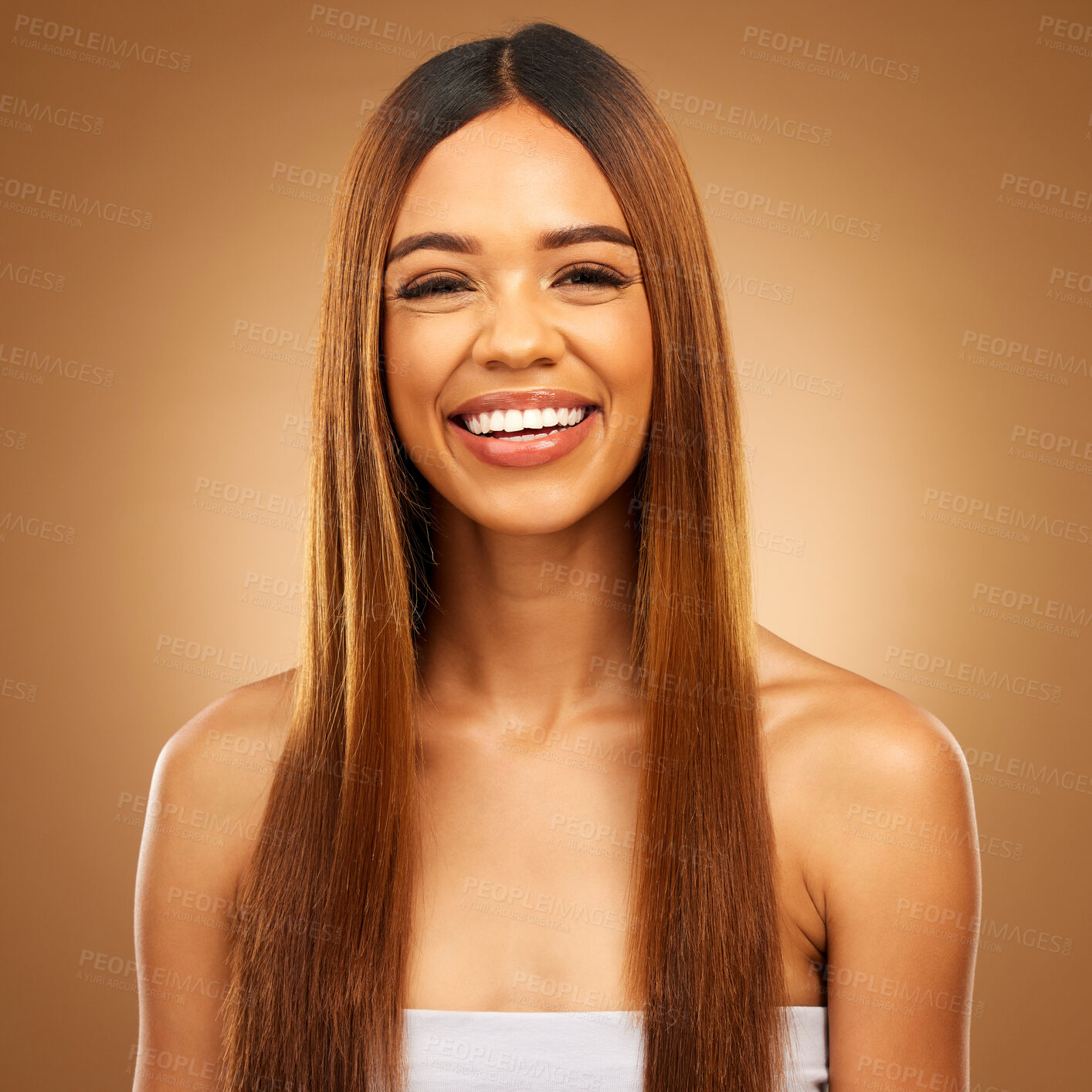 Buy stock photo Haircare, beauty and portrait of woman in studio for growth and color shine or healthy texture. Aesthetic female happy smile for hair, natural self care and hairdresser or salon on brown background
