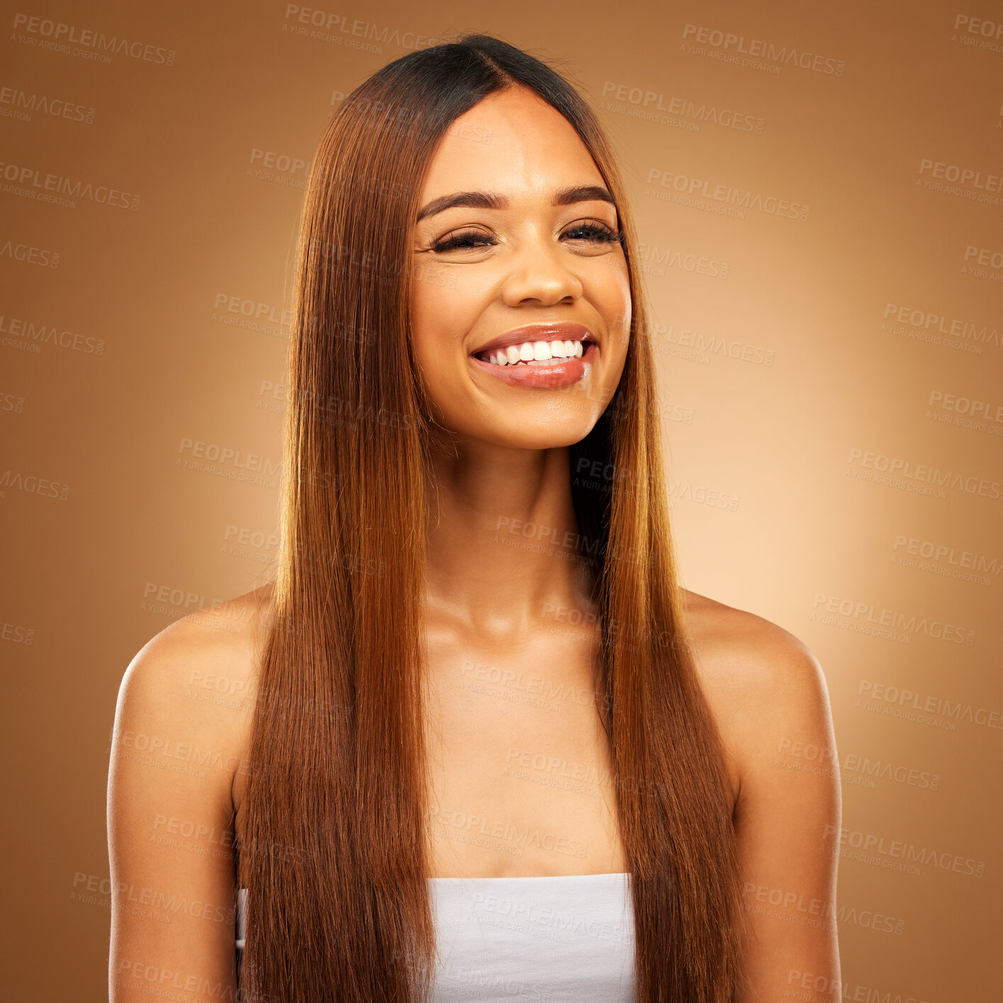 Buy stock photo Hair, beauty and smile portrait of woman in studio for growth and color shine or healthy texture. Aesthetic female happy for haircare, natural makeup and hairdresser or salon on a brown background
