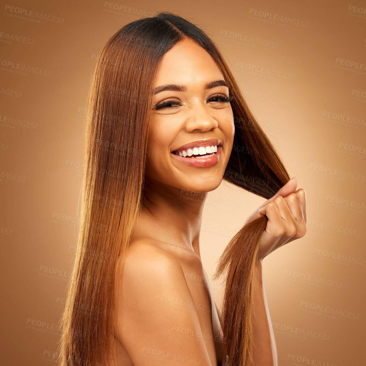 Buy stock photo Smile, beauty and haircare portrait of woman in studio for growth, color shine or healthy texture. Aesthetic female happy for strong hair, natural makeup and hairdresser or salon on brown background
