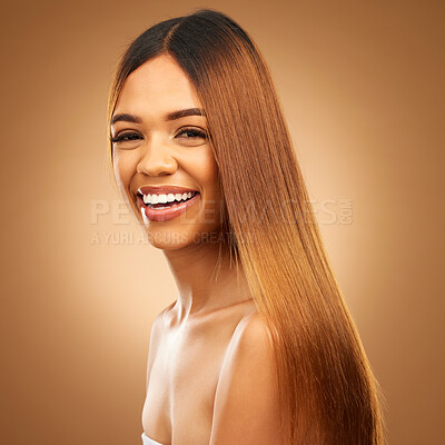 Buy stock photo Portrait, beauty and hair care of woman in studio for growth and color shine or healthy texture. Aesthetic female happy face for haircare, natural makeup and hairdresser or salon on brown background
