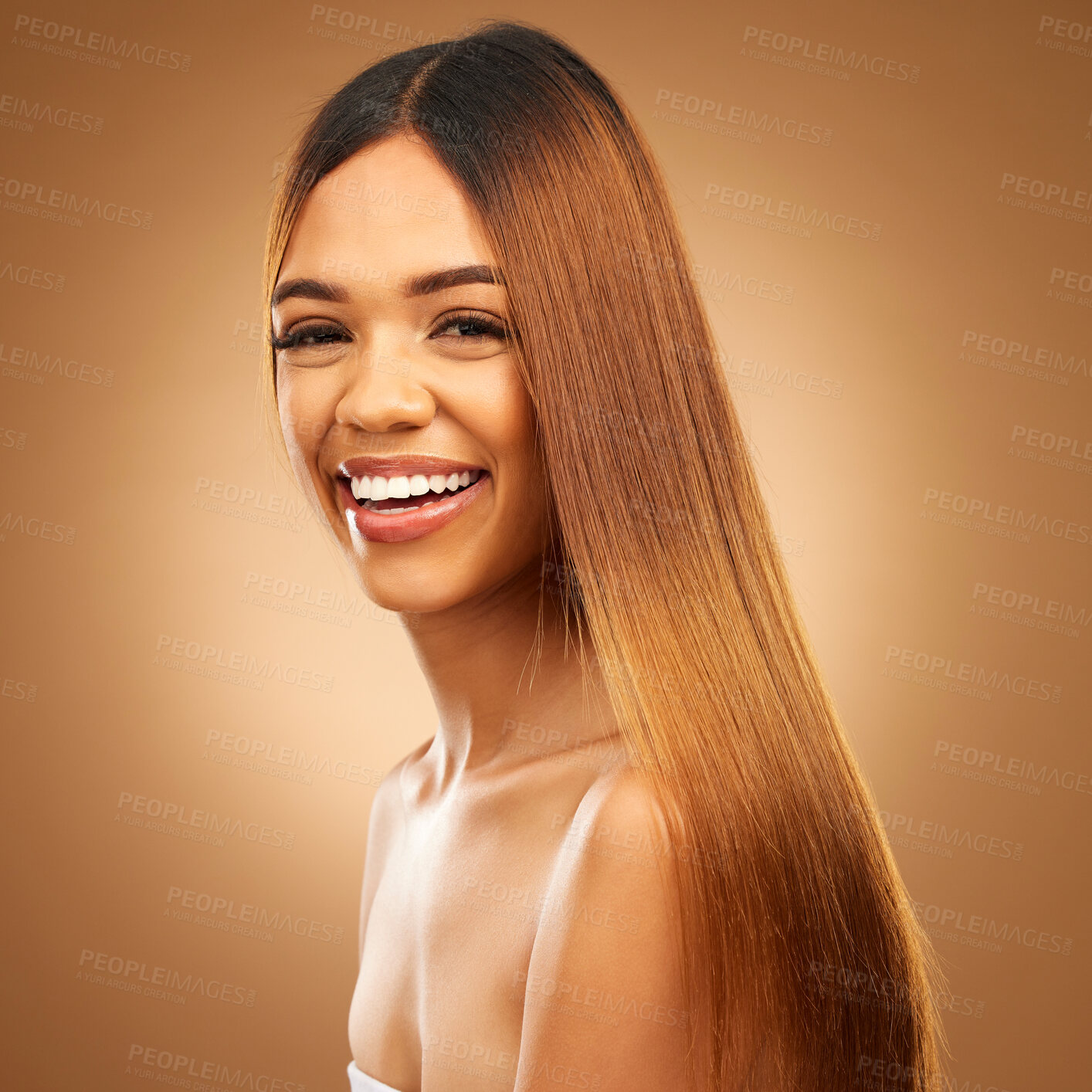 Buy stock photo Portrait, beauty and hair care of woman in studio for growth and color shine or healthy texture. Aesthetic female happy face for haircare, natural makeup and hairdresser or salon on brown background
