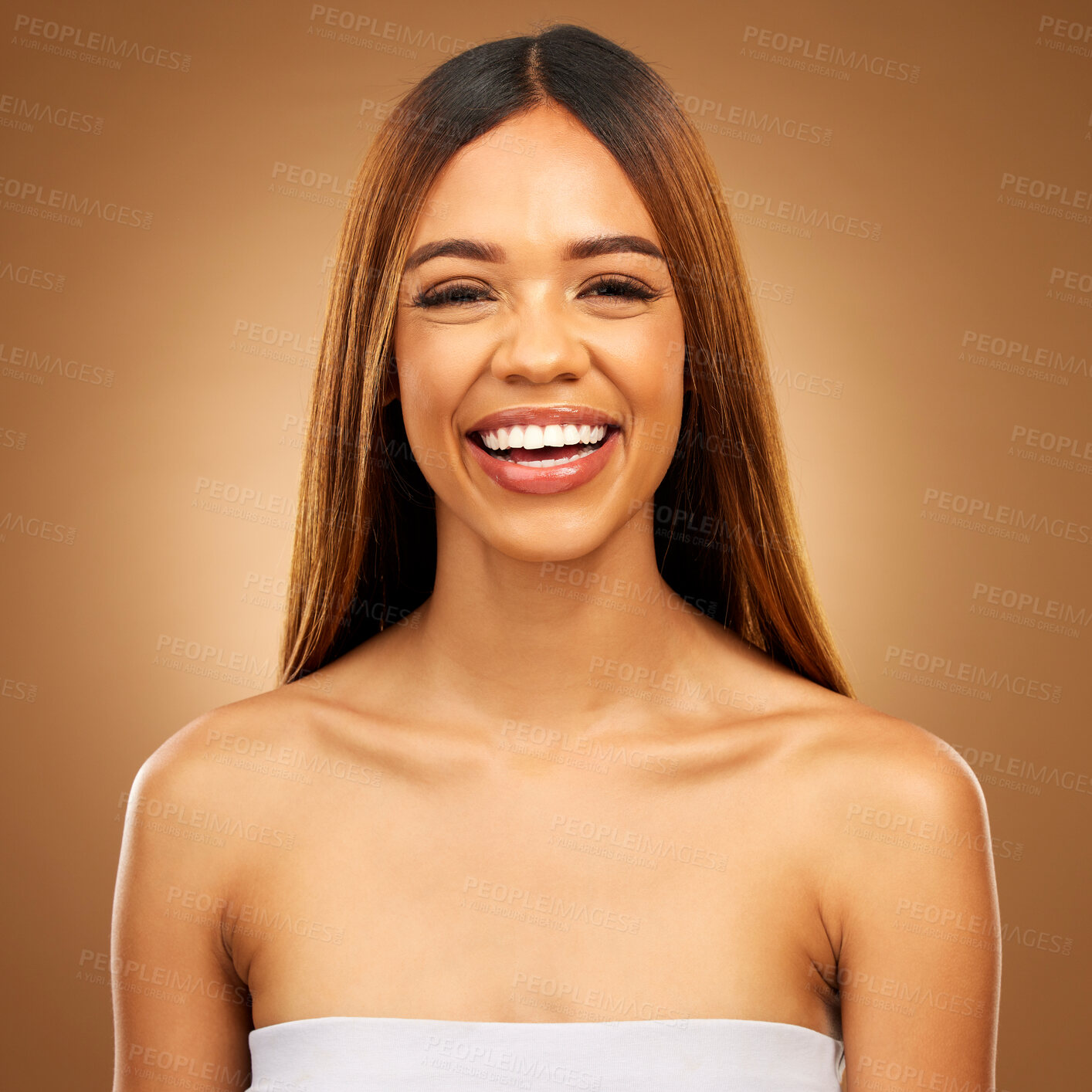 Buy stock photo Smile, hair care and portrait of woman in studio for growth and color shine or healthy texture. Aesthetic female happy for haircare, natural beauty and hairdresser or salon gradient brown background
