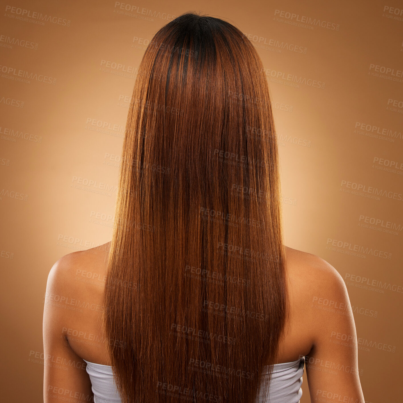 Buy stock photo Back of hair, beauty and woman in studio for shampoo, wellness and keratin treatment on brown background. Hairdresser mockup, salon and girl with hairstyle for growth, haircare texture and cosmetics