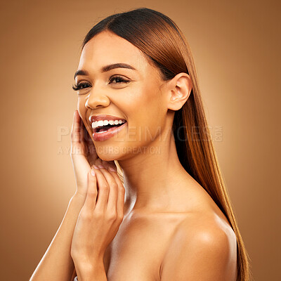 Buy stock photo Woman with hand on face, smile and skincare with bronze glow and luxury salon treatment on brown background. Beauty, makeup and skin care cosmetics, hispanic model with straight hair style in studio.