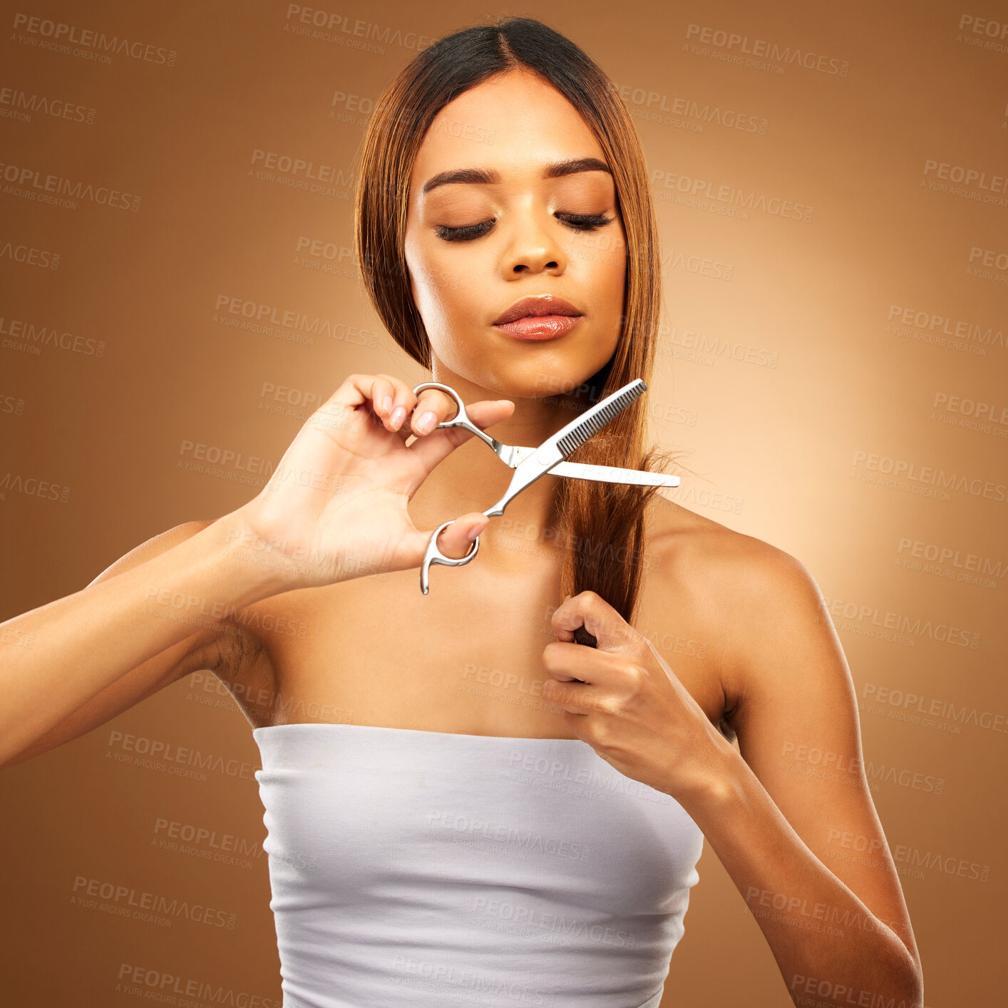 Buy stock photo Haircut, woman with scissors and beauty, hair care and tools with serious person on brown background. Cosmetics shine, split ends treatment and keratin with cosmetology, female with makeup in studio