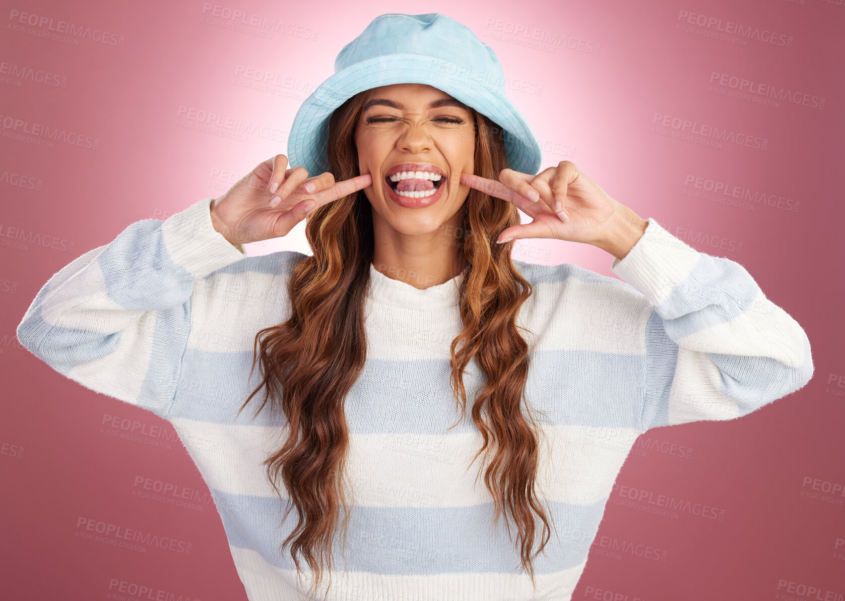 Buy stock photo Funny, happy and a portrait of a silly woman isolated on a pink background in a studio. Smile, expression and face of a goofy girl being crazy, comical and humorous with fashion on a backdrop