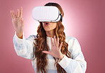 Virtual reality, metaverse and innovation with a woman using a headset to access the virtual world of gaming. AI, 3D and VR with a female gamer in studio on a pink background using future technology