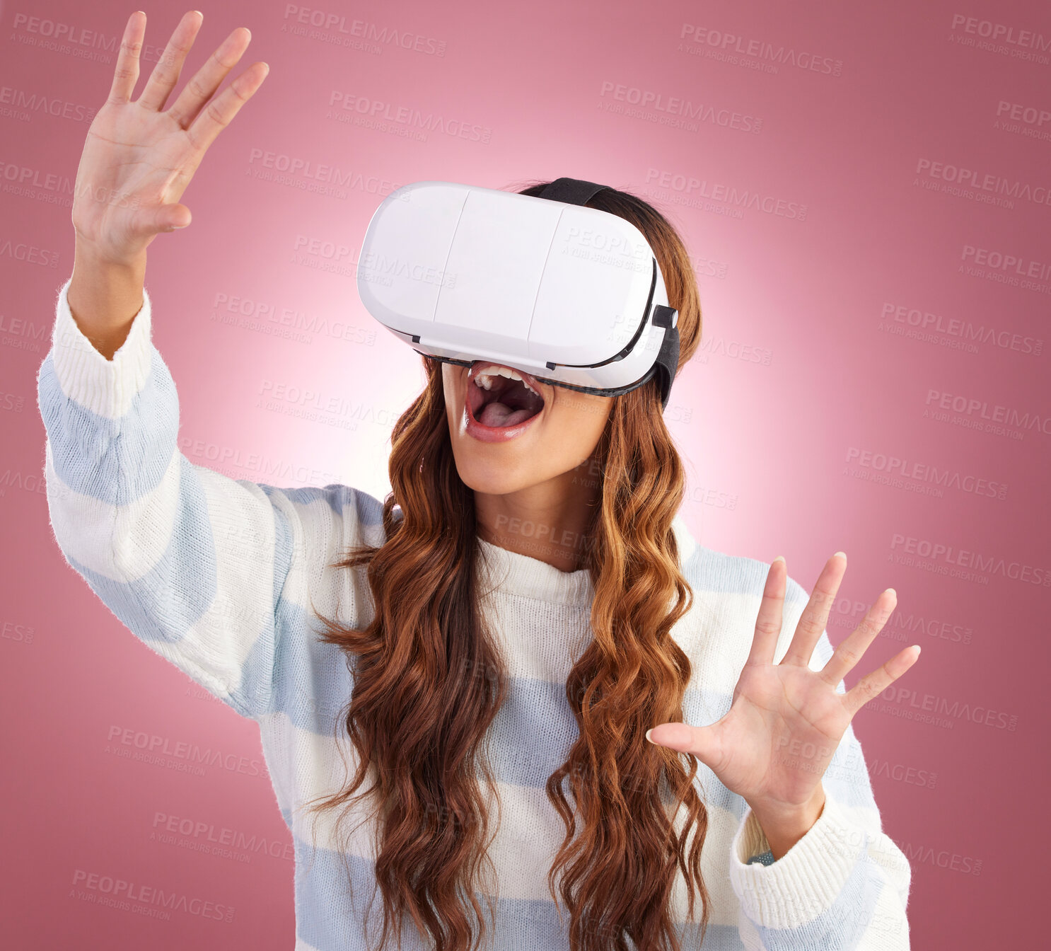 Buy stock photo Virtual reality, metaverse and 3D with a woman using a headset to access the virtual world of gaming. AI, innovation and VR with a female gamer in studio on a pink background using future technology