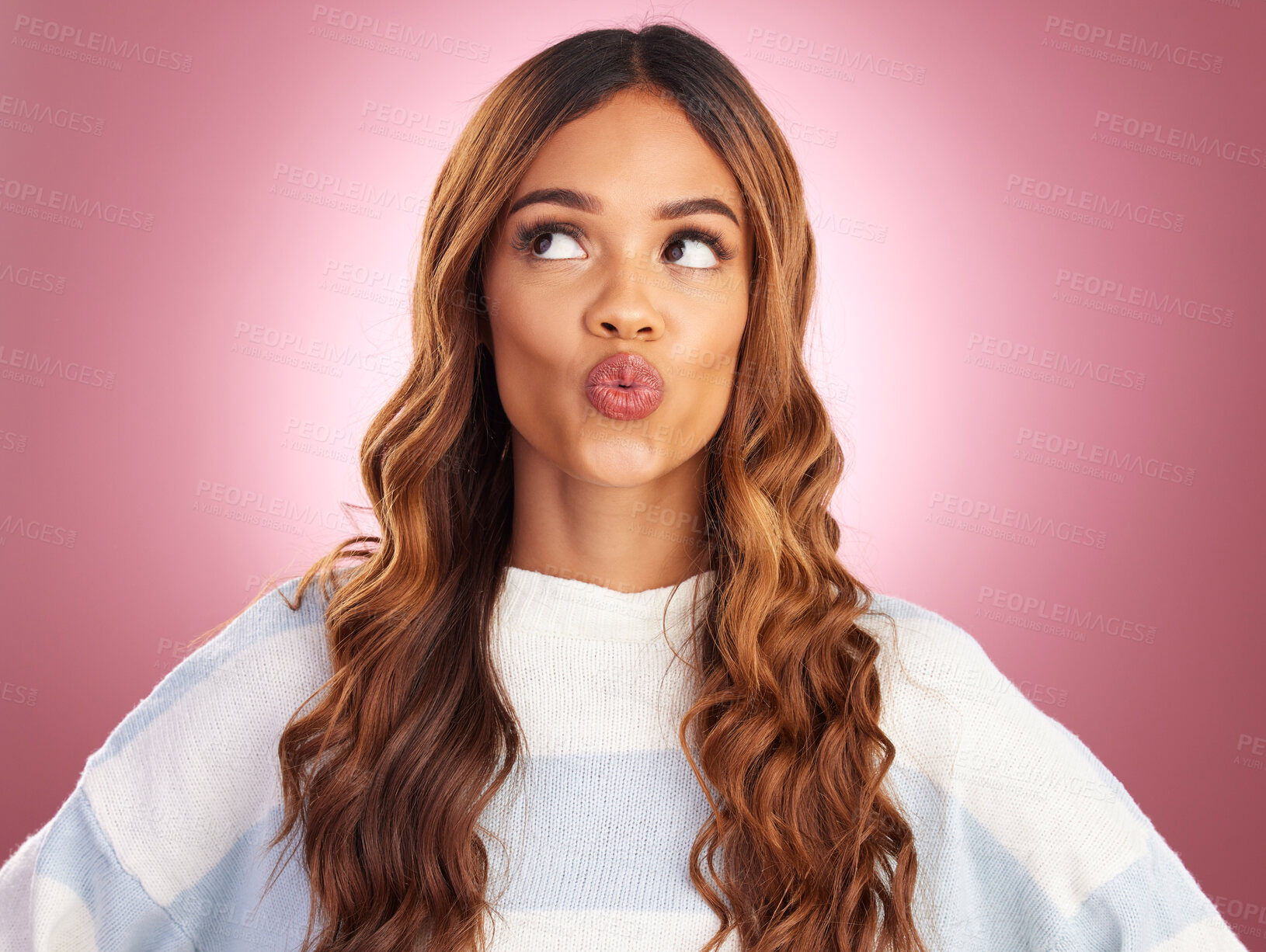 Buy stock photo Kiss mouth, face and studio with a woman with kissing, love and emoji expression feeling silly. Playful, fun and isolated pink background with copy space of a female model with a funny humor and joke