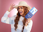 Travel, passport and woman is happy, smile and plane ticket with freedom on studio background. American female, carefree and happiness, traveling documents and vacation, ready for journey in portrait