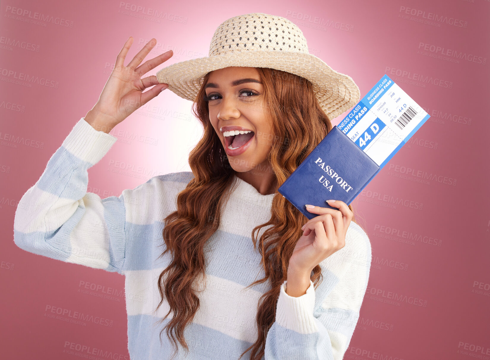 Buy stock photo Travel, passport and woman is happy, smile and plane ticket with freedom on studio background. American female, carefree and happiness, traveling documents and vacation, ready for journey in portrait