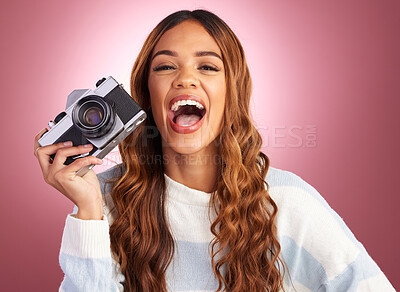 Buy stock photo Photography, portrait of woman with camera and smile on studio background in creative travel or fashion shoot. Art, professional and happy hispanic photographer, hobby or career in photos or pictures