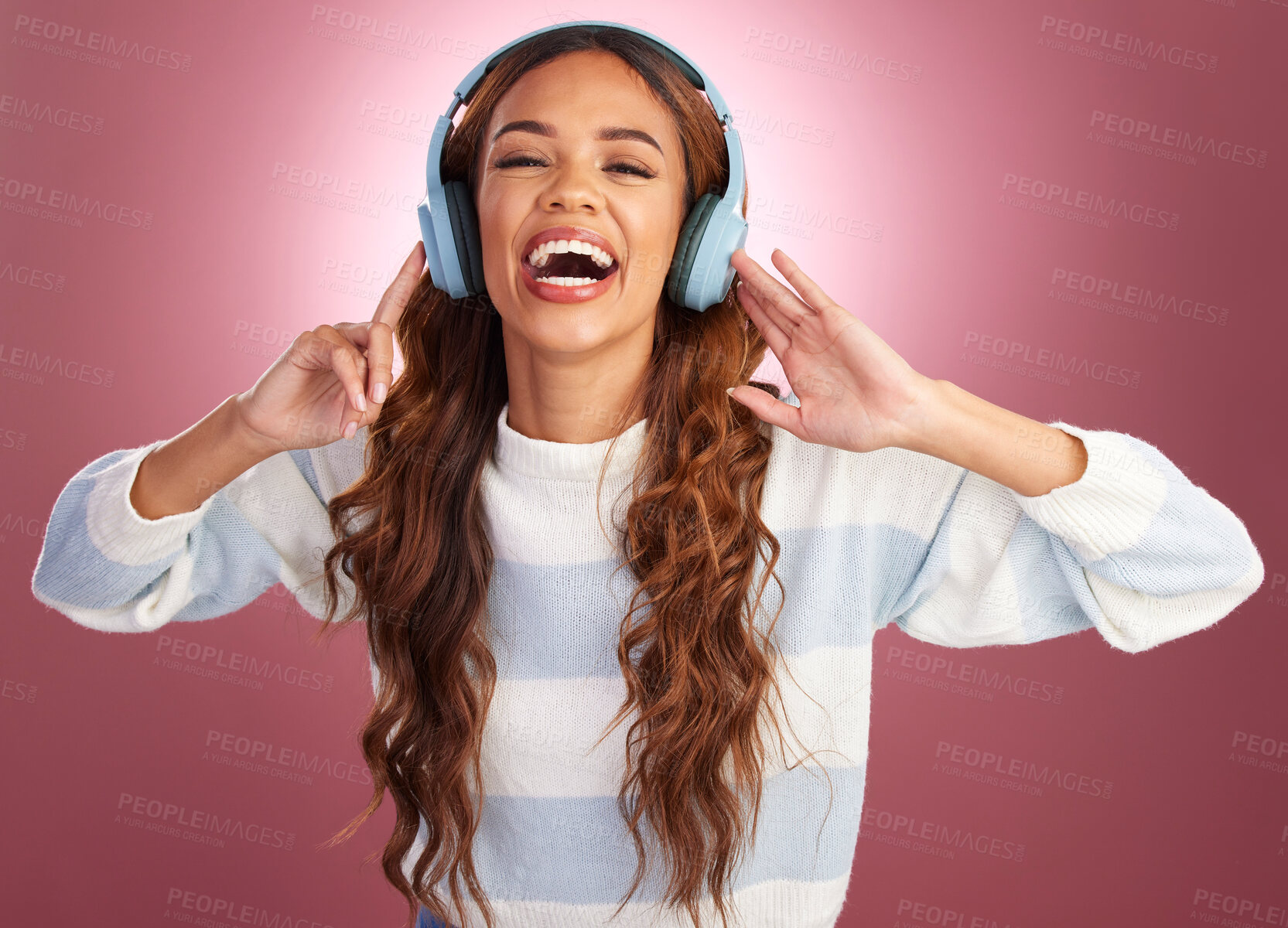 Buy stock photo Woman, headphones and music in studio portrait, excited or listen to relax by gradient background. Happy student girl, audio tech and listening for sound, streaming service and online for happiness