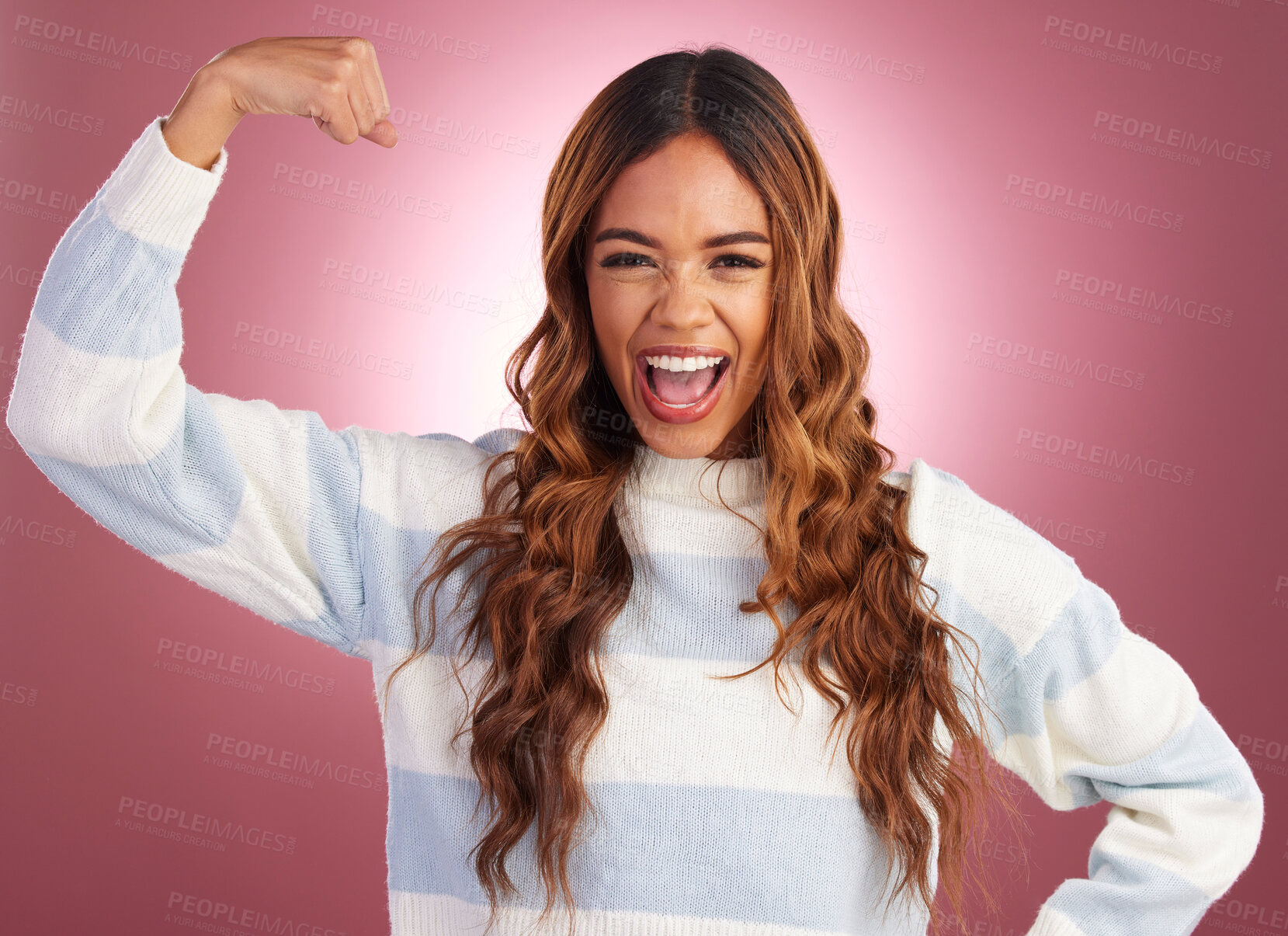 Buy stock photo Portrait, flex arm and woman with leadership, confidence and happiness against pink studio background. Face, female and lady flexing, strength and power with smile, muscle or success with empowerment