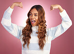 Smile, power and woman flexing arms, freedom and excited gen z model in studio on pink background. Feminism, empowerment and strength, happy and strong girl isolated and confident win for challenge.