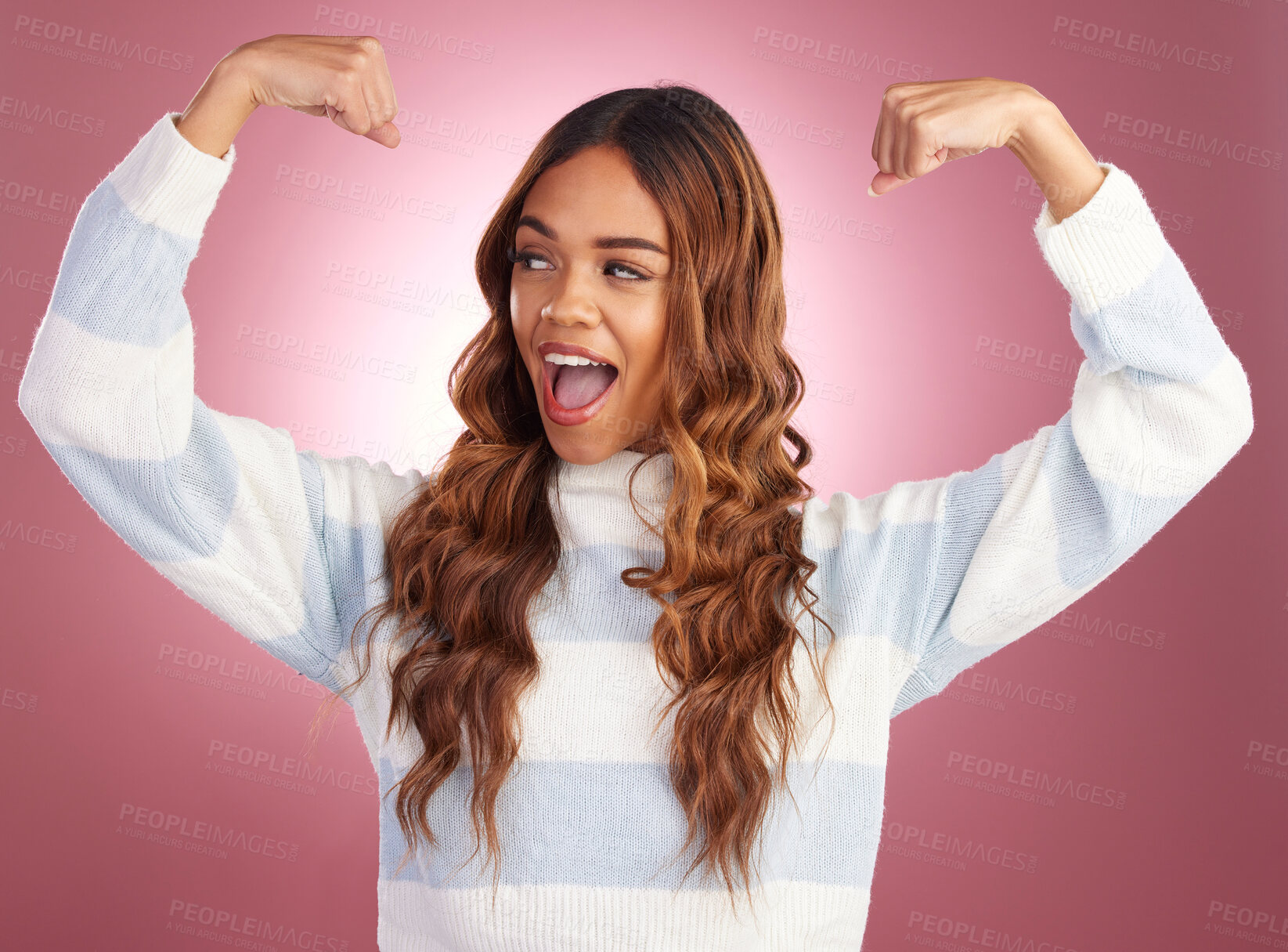 Buy stock photo Smile, power and woman flexing arms, freedom and excited gen z model in studio on pink background. Feminism, empowerment and strength, happy and strong girl isolated and confident win for challenge.