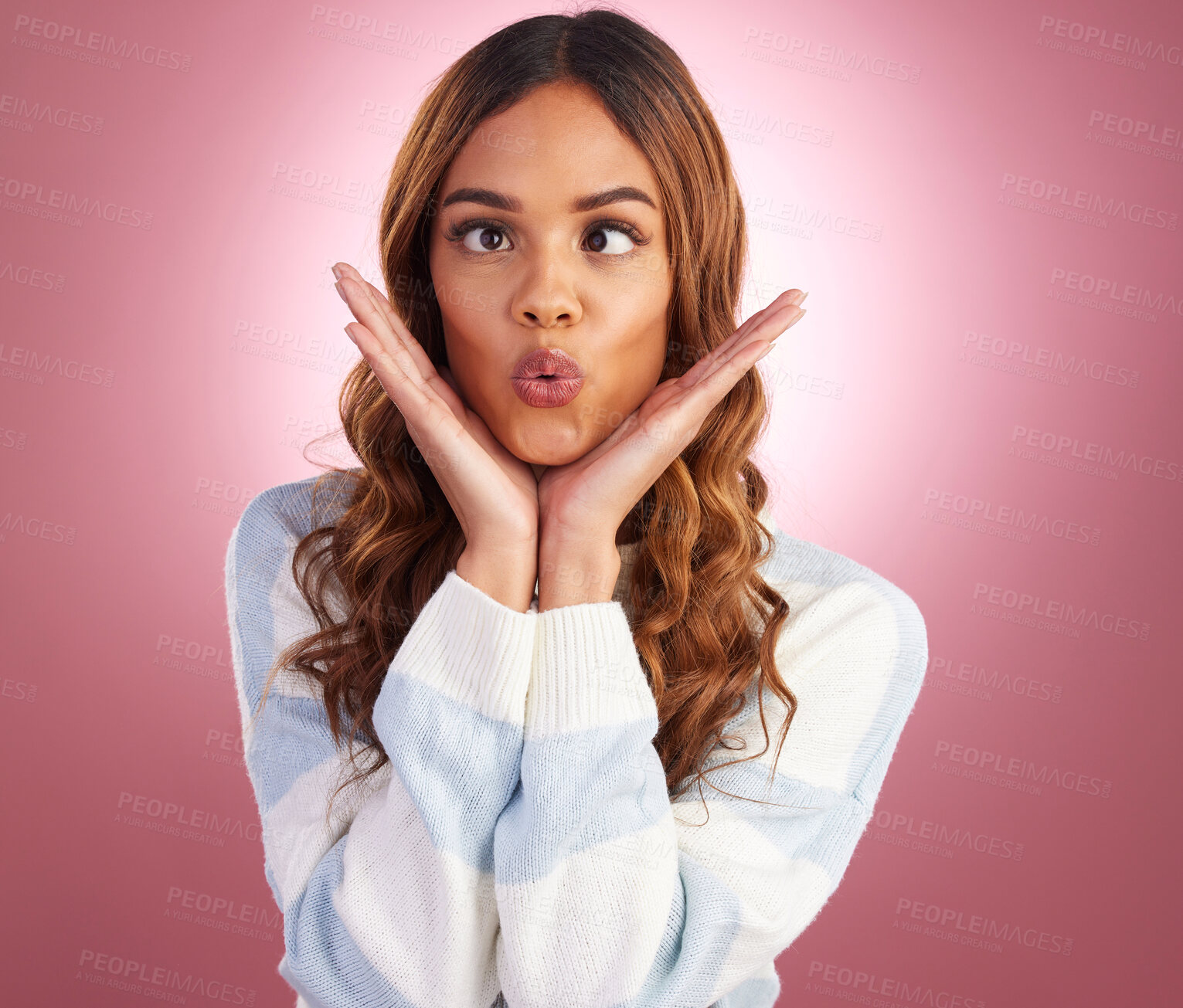 Buy stock photo Silly, goofy and young woman in a studio with a funny, comic or crazy facial expression. Humor, joke and female model with a comedy face gesture as a joke isolated by a gradient purple background.