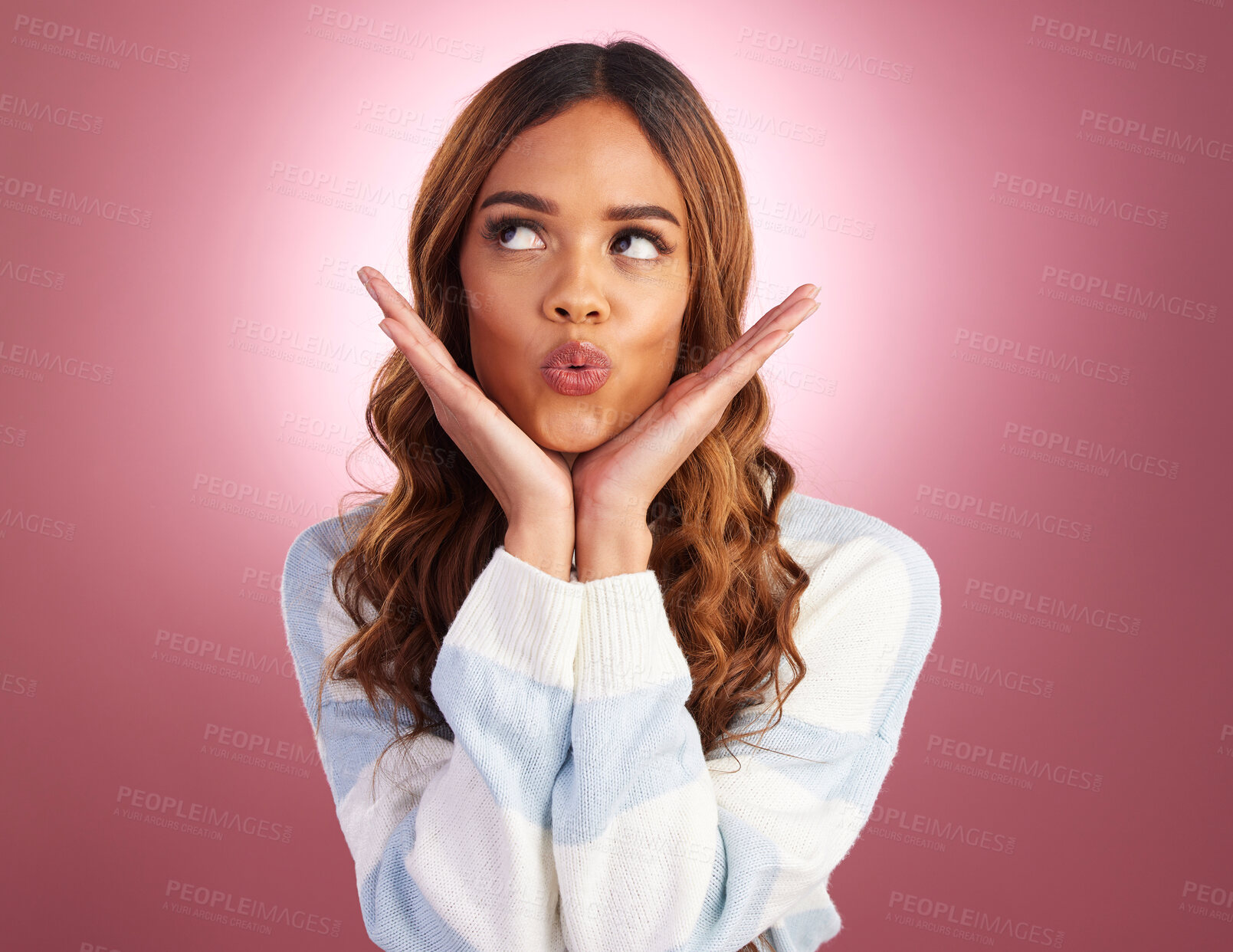 Buy stock photo Kiss, face and woman in a studio with funny, silly and emoji expression with a purple background. Female model, youth and happiness of a young and happy person kissing with a pout and casual fashion