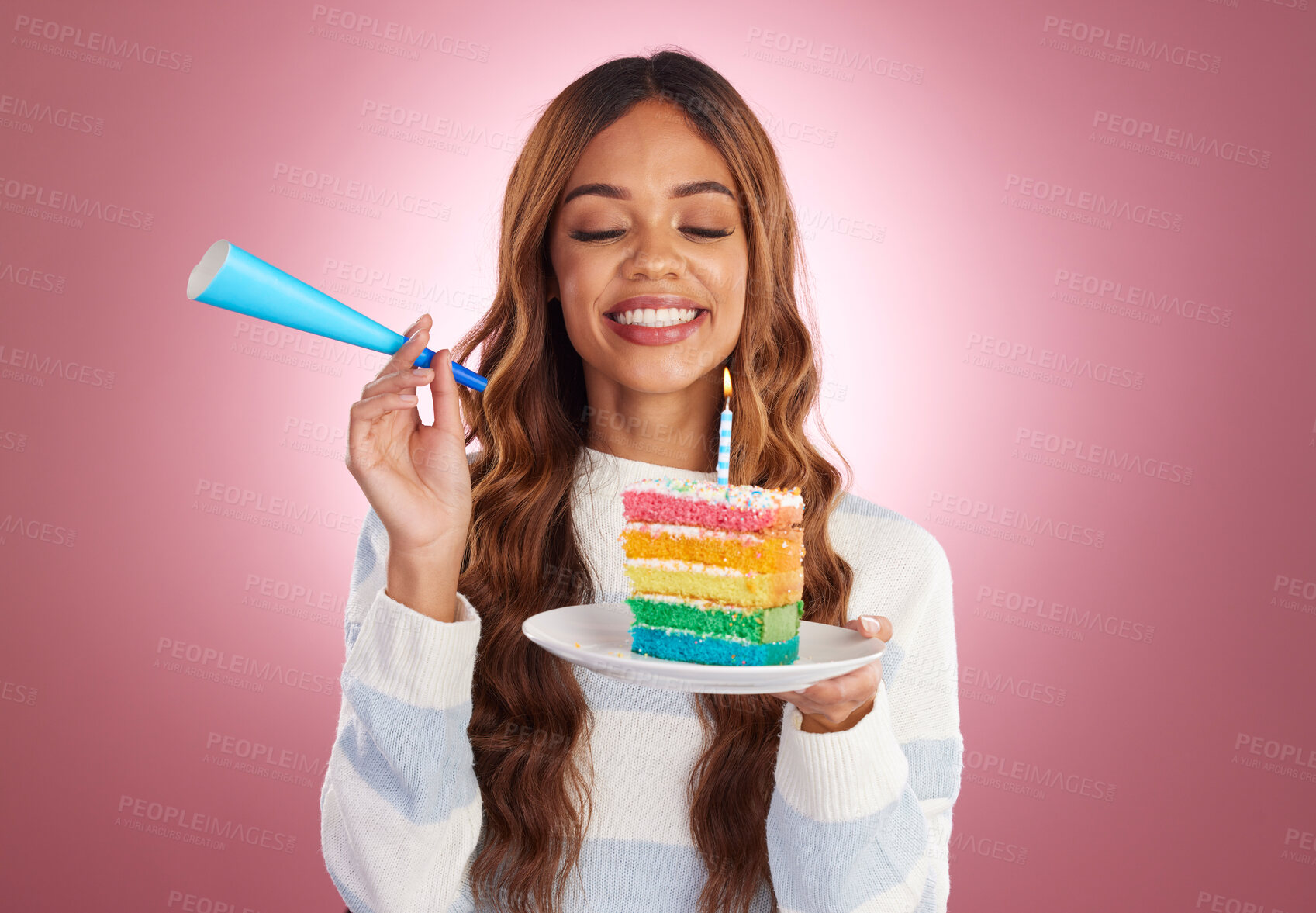 Buy stock photo Woman, birthday and rainbow cake in studio with smile, excited face and happiness by gradient background. Happy model, girl and dessert with celebration, event or achievement at party by backdrop