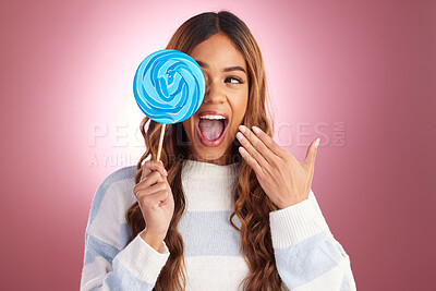 Buy stock photo Excited, woman and lollipop candy in a studio with a female feeling happiness from sweets. Smile, surprise and happy model with a sweet dessert treat with isolated pink background and sugar snack