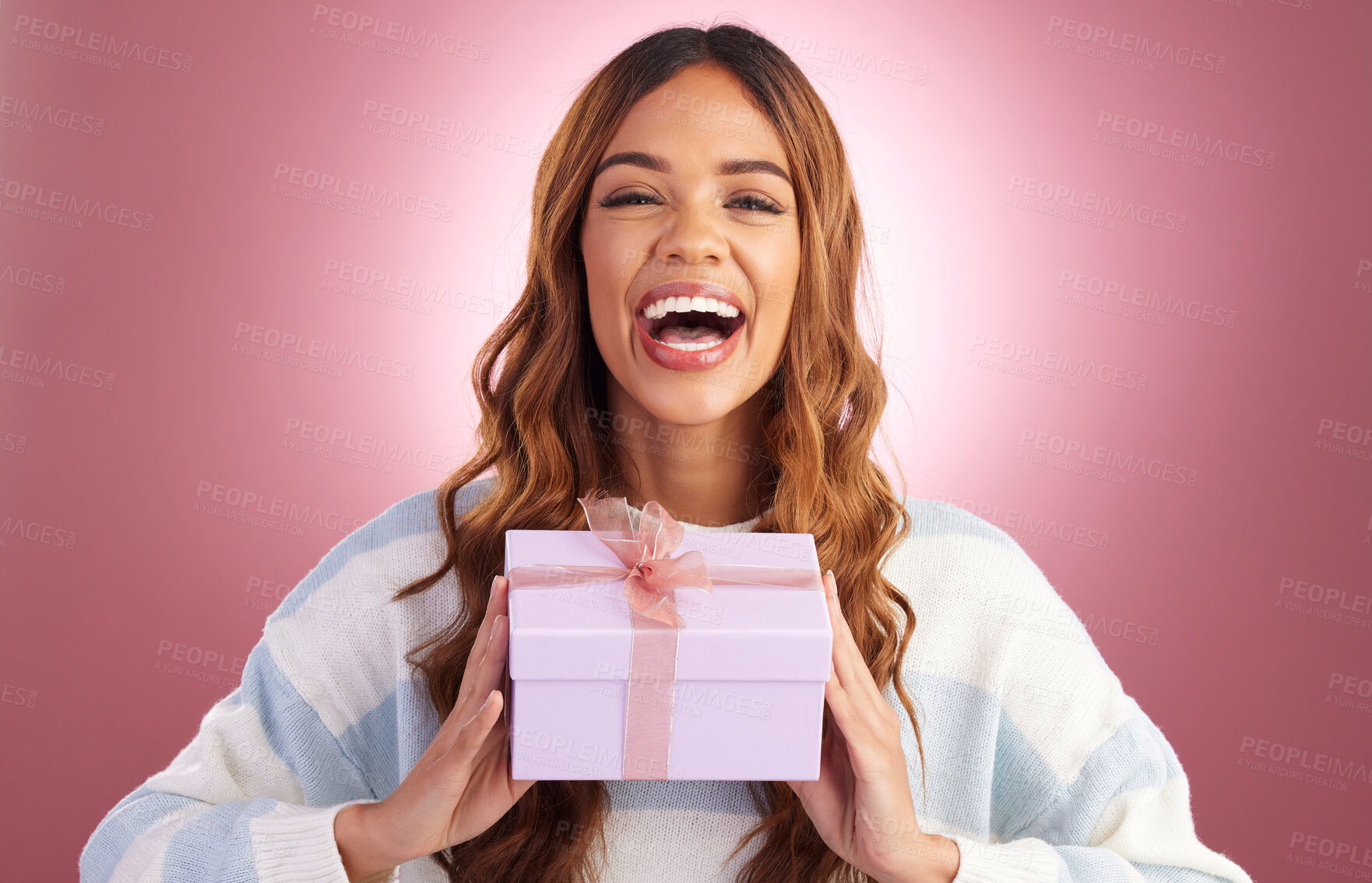 Buy stock photo Woman, gift and box in studio portrait with happiness, surprise and celebration by gradient background. Student girl, young and happy with present package, excited face and celebrate for birthday