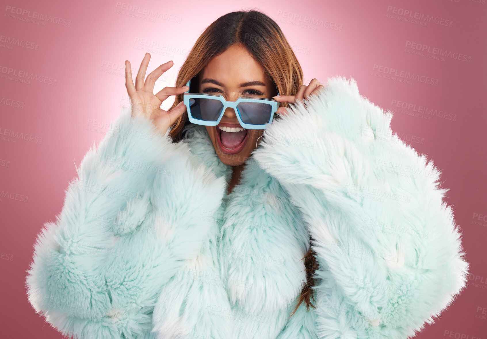 Buy stock photo Fashion, beauty and smile with portrait of woman in studio for glamour, elegant and style. Happy, natural and confident with female with coat on pink background for classy, trendy and winter