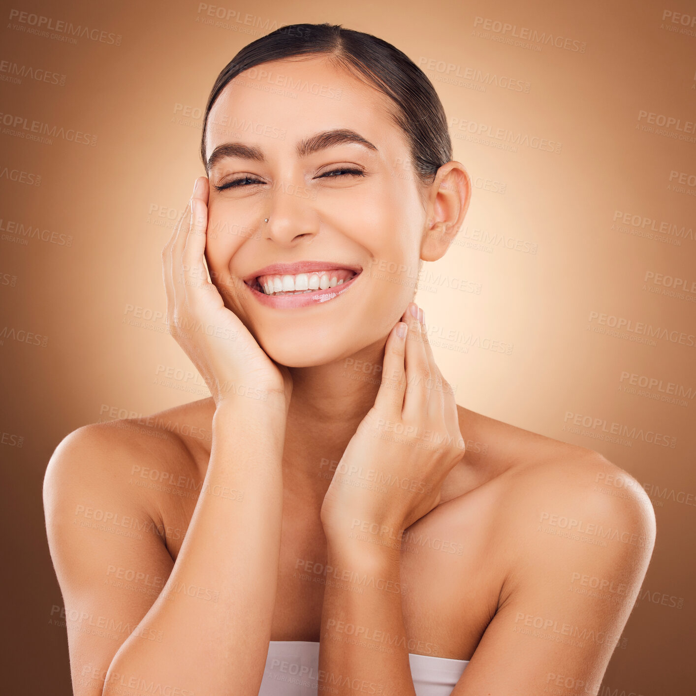 Buy stock photo Beauty satisfaction, face portrait and happy woman with luxury facial cosmetics, natural makeup and studio skincare glow. Dermatology, spa salon person and aesthetic female model on brown background