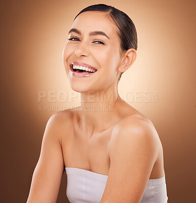 Buy stock photo Studio beauty, face portrait and happy woman with luxury facial cosmetics, natural makeup and skincare glow. Dermatology healthcare, spa salon person and aesthetic female model on brown background