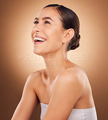 Buy stock photo Studio face, laugh and beauty woman with luxury facial cosmetics, natural makeup and skincare glow. Dermatology healthcare satisfaction, spa salon person or aesthetic female model on brown background