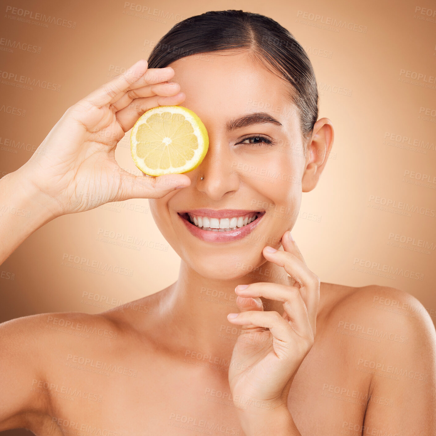 Buy stock photo Beauty, health portrait or happy woman with lemon for citrus fruit detox, healthcare or natural facial skincare routine. Vitamin c food product, studio face or female nutritionist on brown background