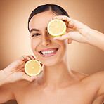 Lemon skincare, portrait and woman face cleaning of a young person with happiness in a studio. Happy, smile and dermatology treatment of a female with cosmetics, spa and cosmetology luxury facial