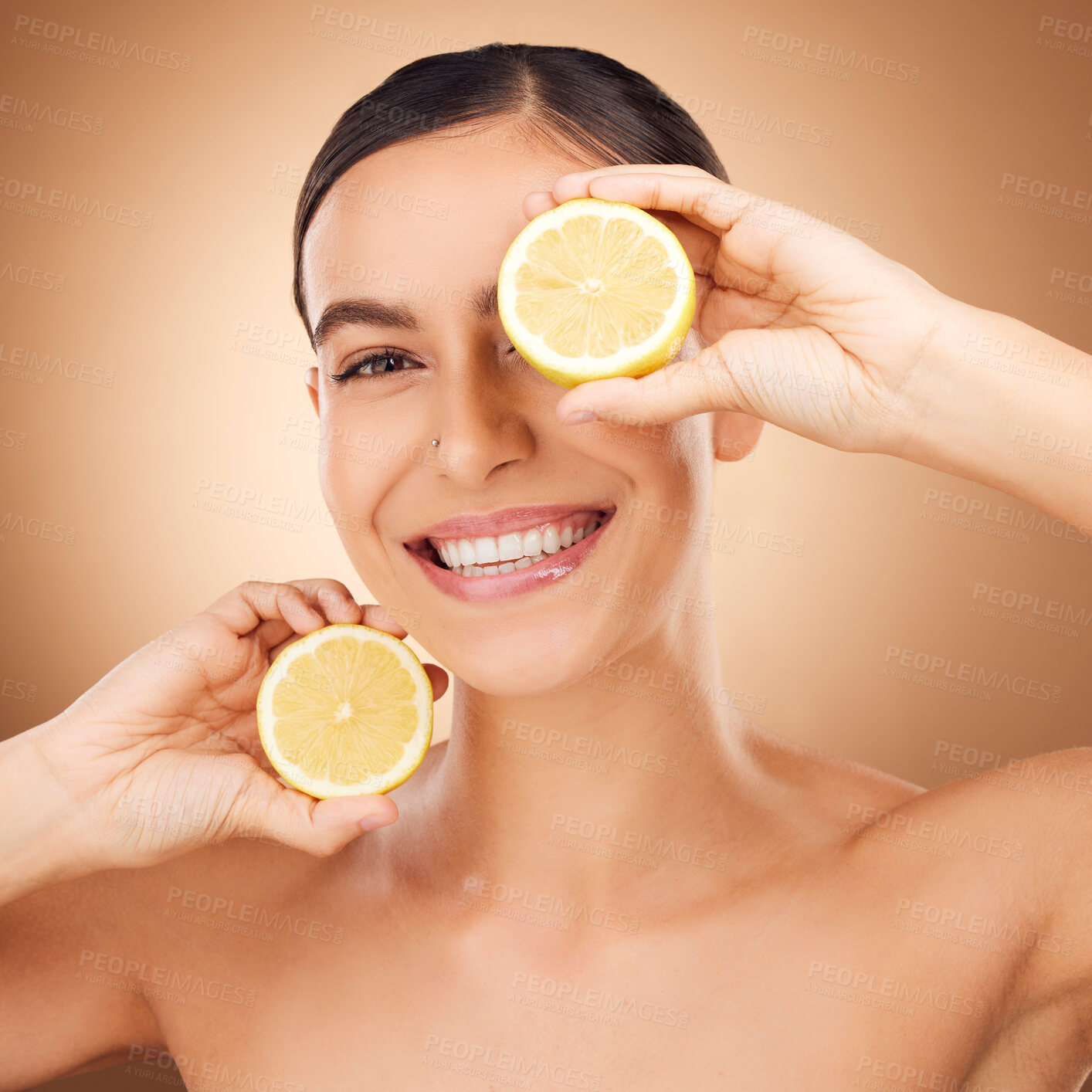 Buy stock photo Lemon skincare, portrait and woman face cleaning of a young person with happiness in a studio. Happy, smile and dermatology treatment of a female with cosmetics, spa and cosmetology luxury facial