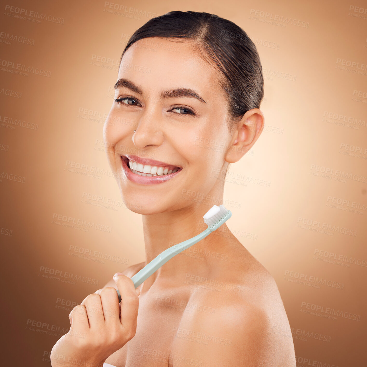 Buy stock photo Woman, toothbrush and smile in studio portrait for wellness, self care and beauty by gradient background. Happy healthcare model, dental health and toothpaste for mouth hygiene, cleaning and teeth