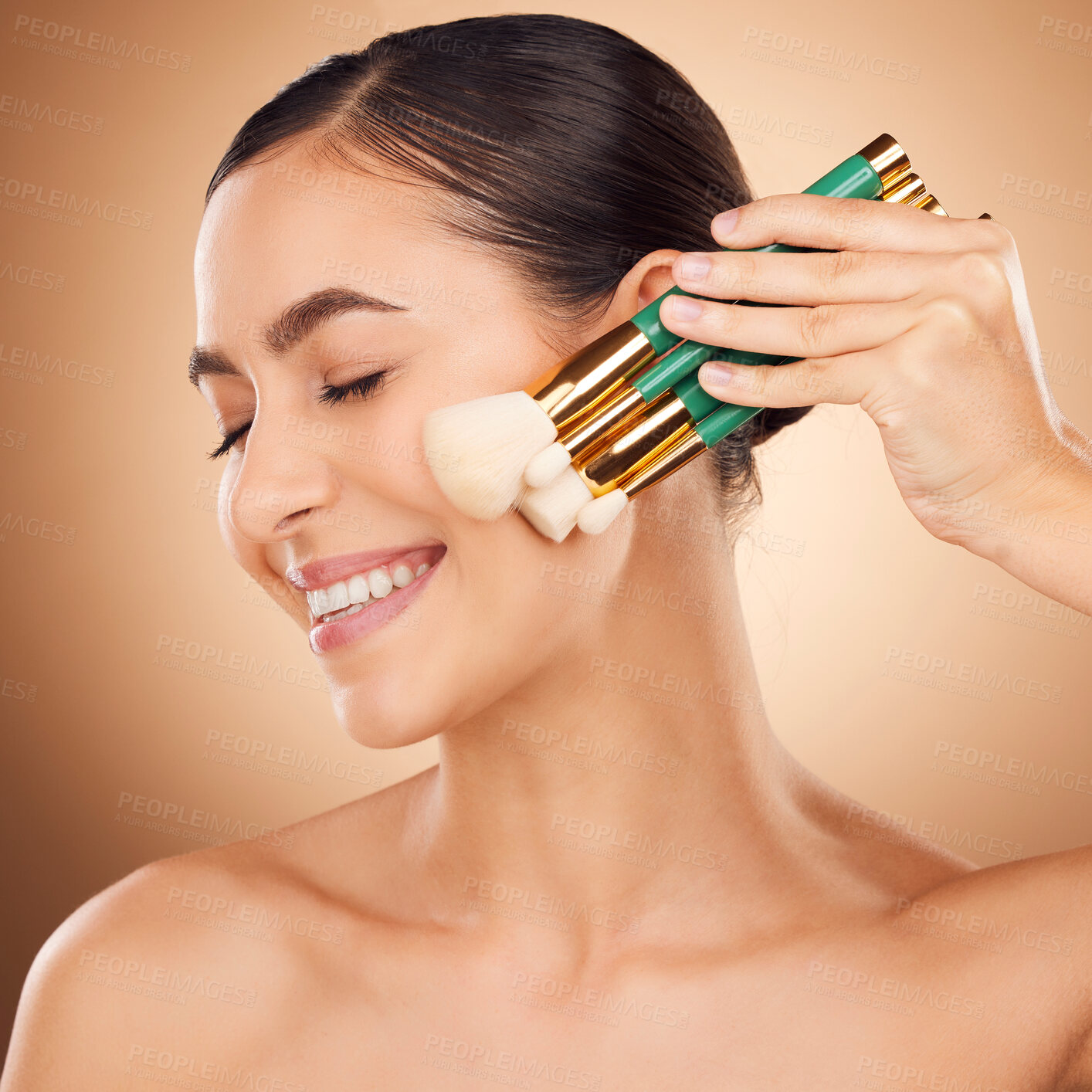 Buy stock photo Skincare, makeup brush and woman face cosmetic of a young person with happiness in a studio. Happy smile and dermatology treatment of a female with cosmetics, spa and cosmetology luxury facial