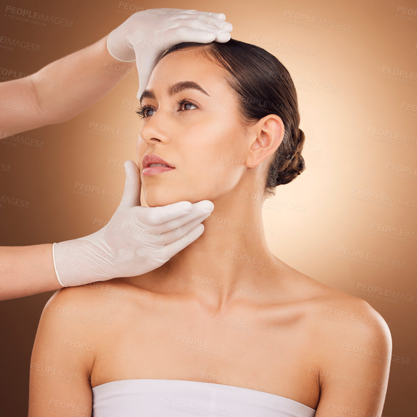 Buy stock photo Studio, woman or doctor hands check patient for facial change, cosmetics process or plastic surgery results. Skincare client, female healthcare or face model with aesthetic beauty on brown background