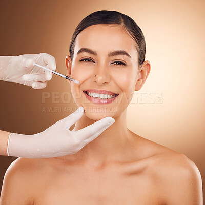 Buy stock photo Plastic surgery needle, face portrait or woman happy for facial change, cosmetic process or studio skincare. Filler injection, female healthcare hands or girl for aesthetic beauty on brown background