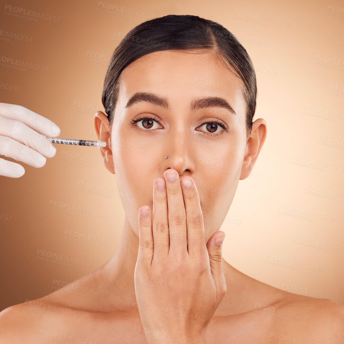 Buy stock photo Plastic surgery surprise, hands or portrait woman with needle facial change, cosmetics process or studio skincare. Injection, female healthcare or face model with aesthetic beauty on brown background